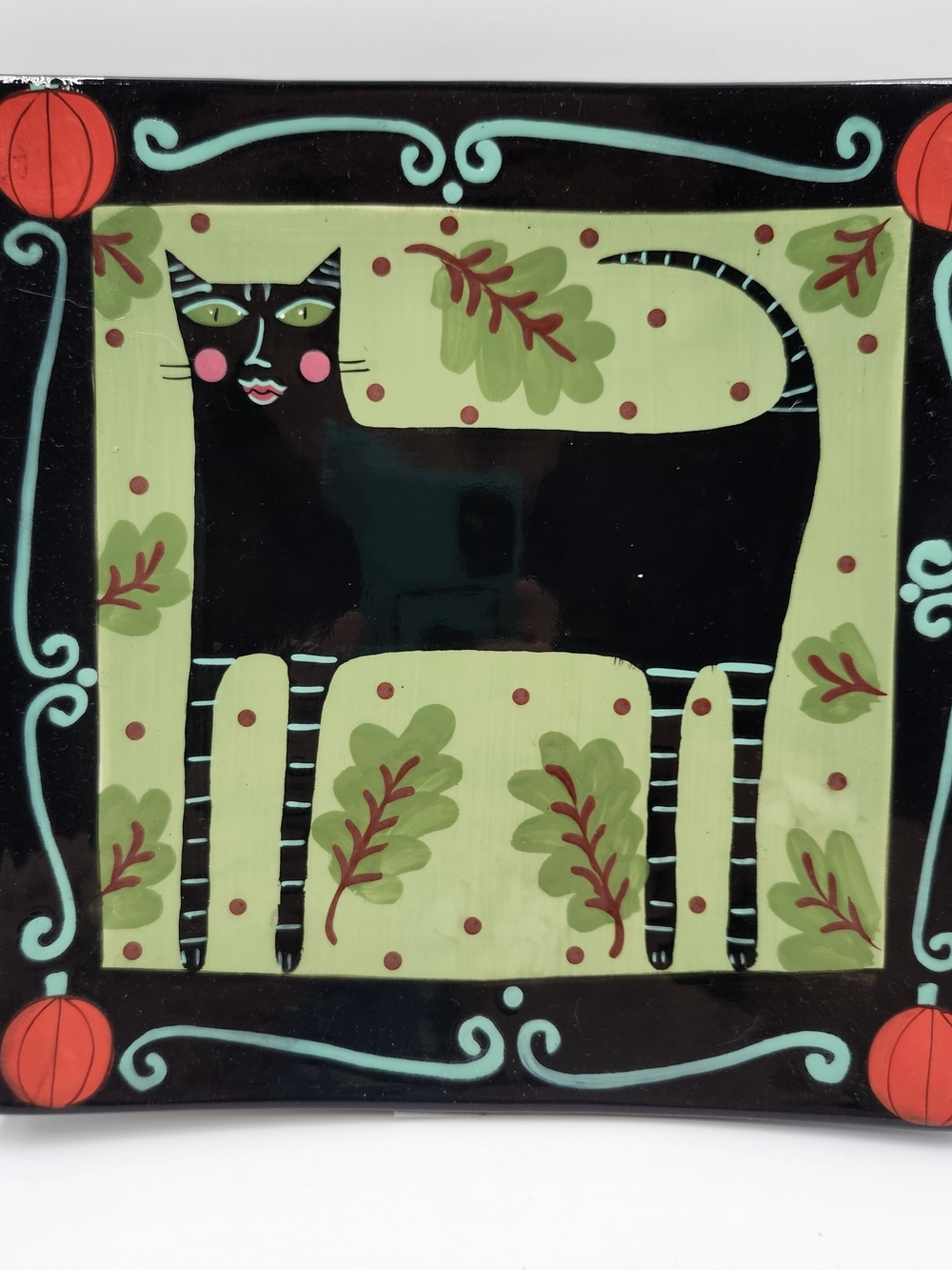 Vintage Sharon Bloom 9 3/4" Black Cat Ceramic Halloween Plate HandPainted Autumn